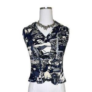 Y2K Chaudry Blue, Black + White Comic Print Beaded Cropped Collared Top Size S
